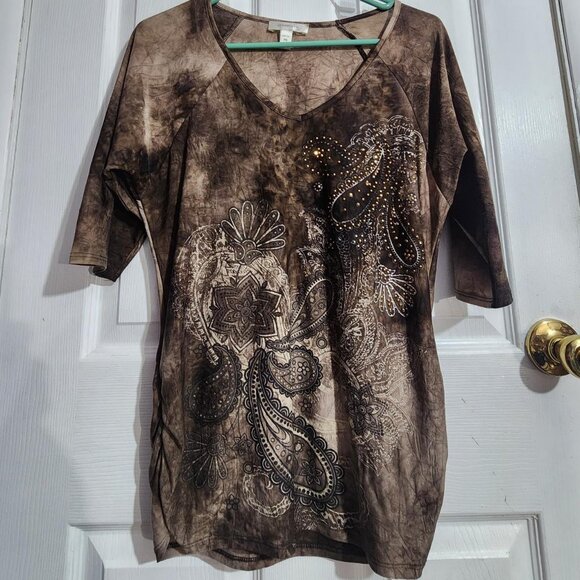 Vintage Tops - Y2K Brown Floral Rhinestone Top